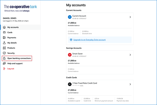 Open banking connections in Online banking - desktop or laptop computer view